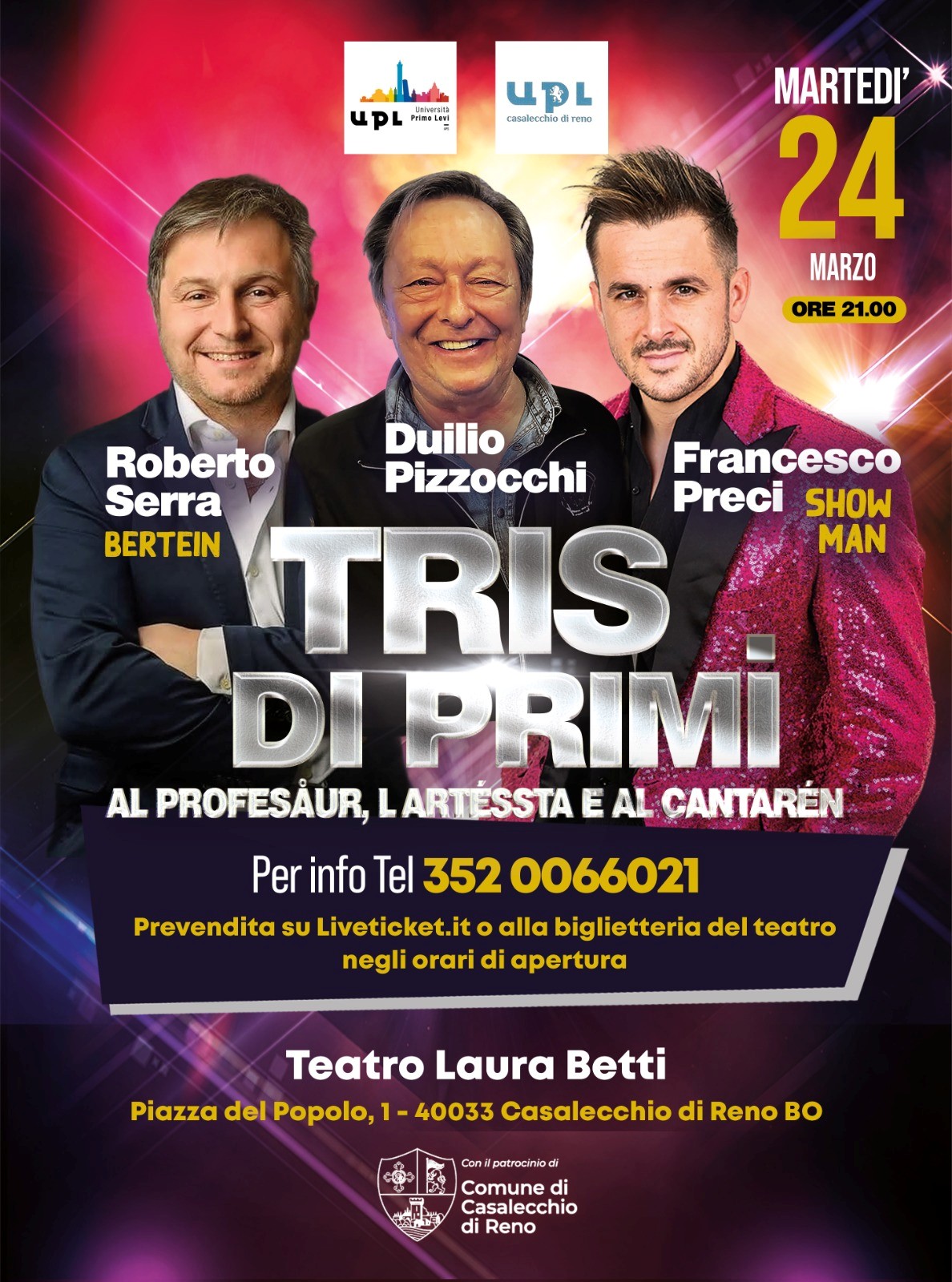 Spettacolo ‘TRIS DI PRIMI – Al profesåur, l’artésta e al cantarén’