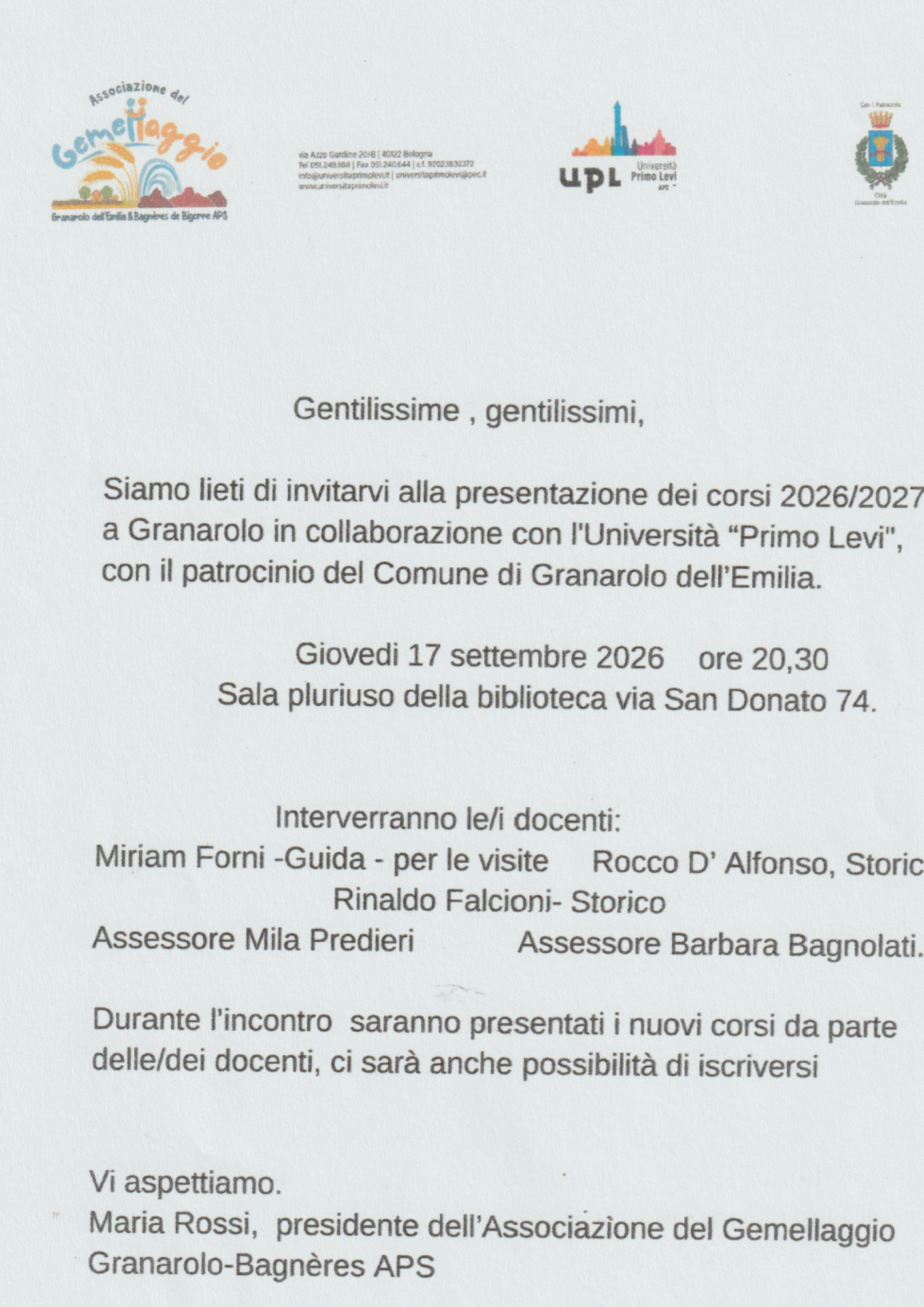 Presentazione dei corsi Granarolo dell’Emilia A.A. 2026/2027