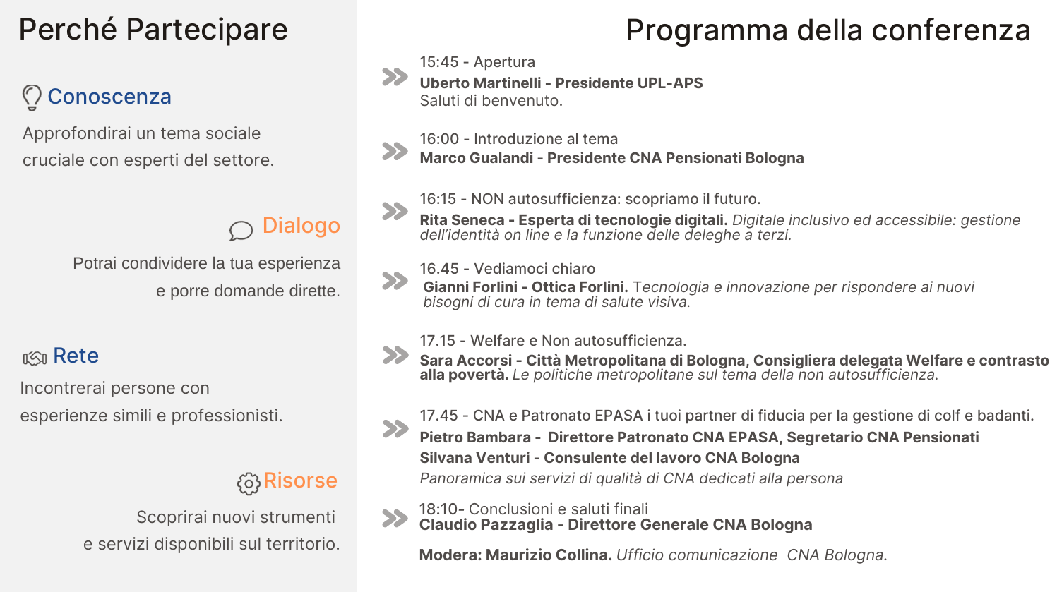 Conferenza UPL – CNA Pensionati Bologna. ‘Facciamo un Patto per un nuovo welfare sulla NON Autosufficienza’