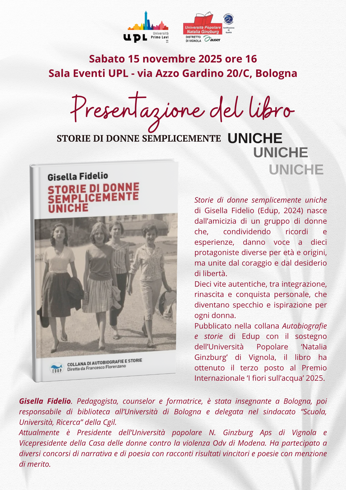 Presentazione del libro ‘Storie di donne semplicemente uniche’ di Gisella Fidelio